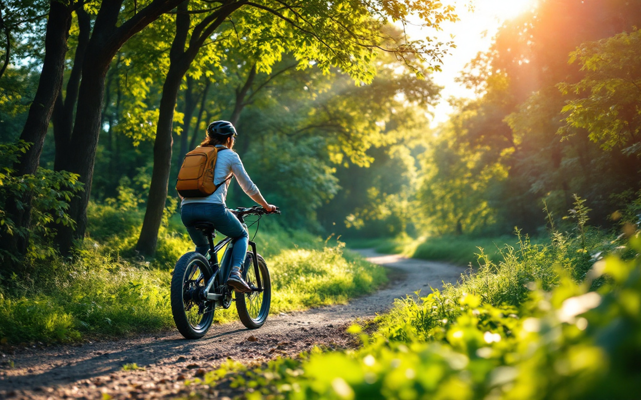 Une personne chevauchant un vélo électrique sur un sentier naturel, entourée de verdure et d'arbres, profitant d'une belle journée ensoleillée.