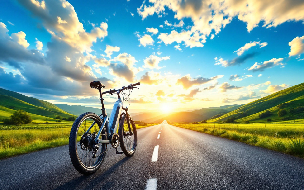 Une image d'un vélo électrique sur une route pittoresque, entouré de collines verdoyantes sous un ciel bleu avec quelques nuages blancs, baigné d'une lumière douce au coucher de soleil.