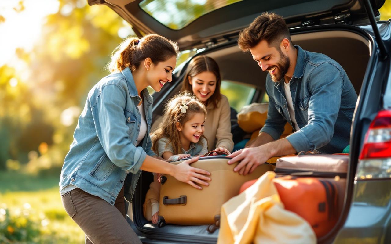 Une famille en train de ranger des valises dans le coffre d'une voiture, sous un soleil brillant, illustrant une ambiance joyeuse et une interaction familiale.