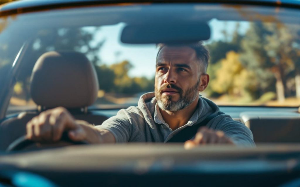 Un homme conduisant une voiture compacte, affichant une expression concentrée, à l'intérieur de la voiture par une belle journée ensoleillée.