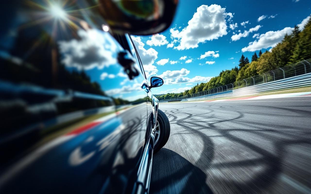 Une personne testant la performance de pneus sur un circuit, concentrée sur la piste, entourée d'un environnement dynamique et coloré, avec une lumière vive mettant en valeur le mouvement de la voiture.