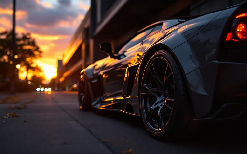 Une voiture de sport avec des pneus haute performance, au design élégant, stationnée dans un environnement urbain, sous une lumière dramatique au coucher du soleil.