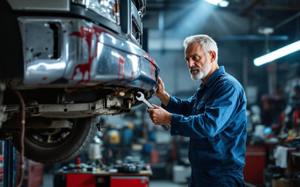Un mécanicien remplace le pare-chocs d'un camion dans un atelier. Il porte une combinaison bleue et tient une clé, un camion surélevé et un établi encombré sont en arrière-plan, lumière volumétrique douce, tons dominants gris et bleu.