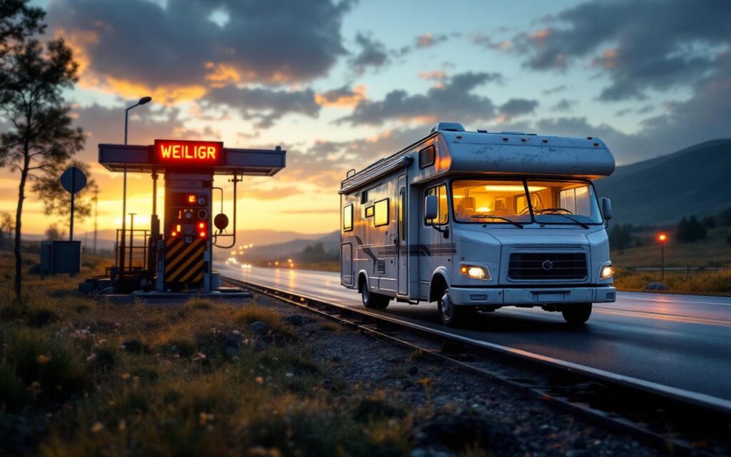 Un camping-car blanc et gris posé sur une bascule de pesée routière, scène naturelle en fin d'après-midi avec lumière douce et rayons volumétriques, arrière-plan industriel et tons gris, bleu pâle et ambre chaud.
