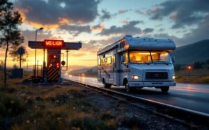Un camping-car blanc et gris posé sur une bascule de pesée routière, scène naturelle en fin d'après-midi avec lumière douce et rayons volumétriques, arrière-plan industriel et tons gris, bleu pâle et ambre chaud.