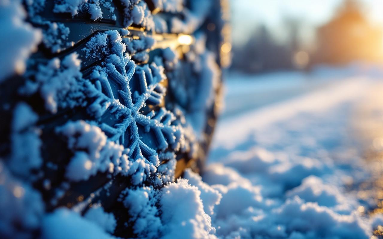 Gros plan d'un pneu d'hiver présentant un symbole de flocon sur le flanc, détail de la sculpture de la bande de roulement avec traces de neige et gouttes de glace, ambiance froide avec lumière douce bleuâtre et arrière-plan de route humide.