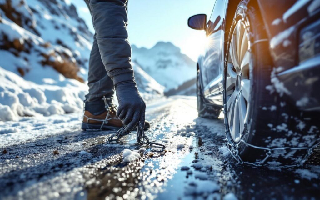 Personne installant des chaînes à neige sur la roue d'une voiture garée sur une route de montagne enneigée, sommets alpins en arrière-plan, lumière matinale douce avec rayons volumétriques, couleurs dominantes blanc, gris et bleu.