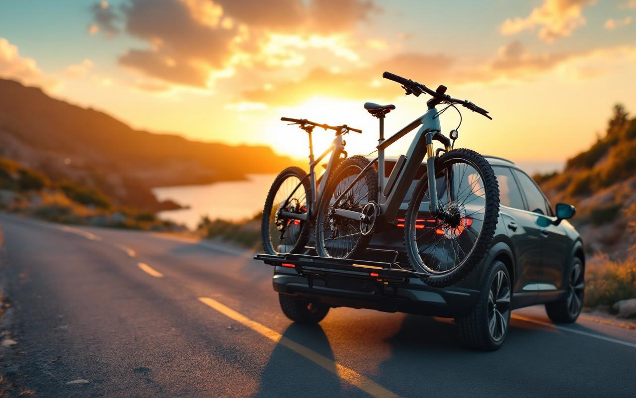 Deux vélos électriques fixés sur un porte-vélos arrière d'un SUV compact, stationné le long d'une route côtière au coucher du soleil, lumière volumétrique dorée, reflets métalliques, ambiance naturelle et réaliste.