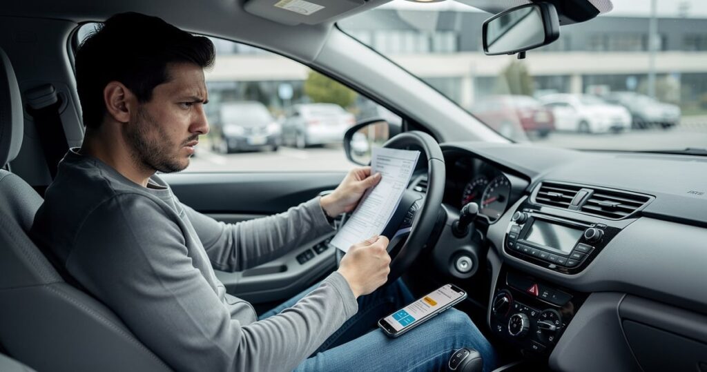 Conducteur examinant ses documents d'assurance auto au volant de sa voiture