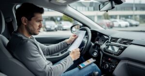 Conducteur examinant ses documents d'assurance auto au volant de sa voiture