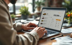 Un homme compare des annonces de voitures d’occasion sur un ordinateur portable dans un bureau chaleureux, avec une ambiance axée sur le budget.