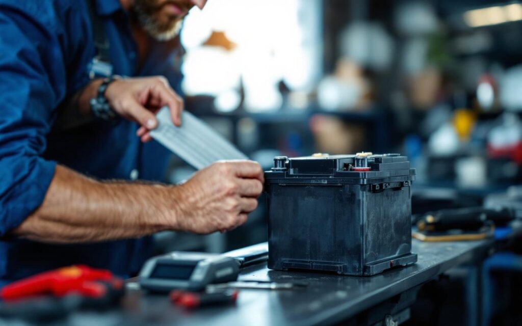 Une batterie de voiture usagée posée dans un atelier de mécanique pendant qu’un technicien masculin consulte une balance et des repères de mesure.