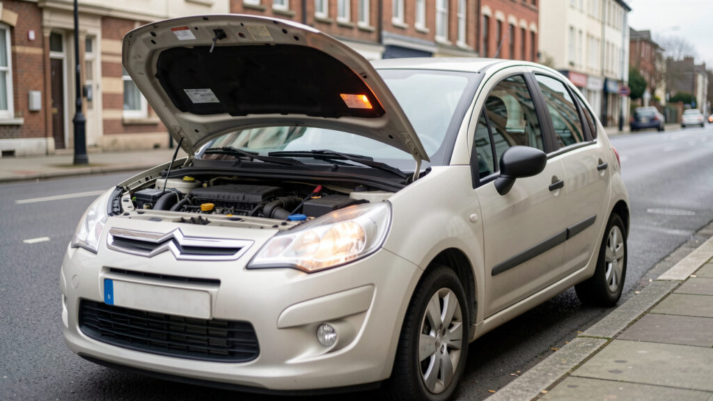 Citroën C3 essence au bord d’une route urbaine, capot ouvert pendant un diagnostic automobile réaliste, voyant moteur allumé et ambiance de contrôle technique.