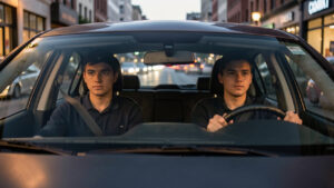 Jeune homme conduisant une voiture d’examen pendant l’épreuve pratique, avec un inspecteur à côté, tableau de bord visible, ambiance réaliste en fin de journée.