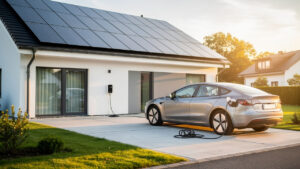 Maison individuelle moderne avec panneaux photovoltaïques sur le toit, voiture électrique branchée sur une borne de recharge à domicile, éclairage de fin de matinée.