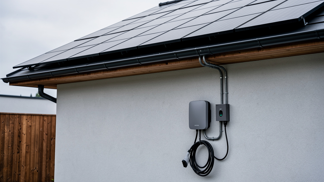 Schéma réaliste d’une installation solaire résidentielle alimentant une borne de recharge pour véhicule électrique, avec panneaux photovoltaïques, câblage et boîtier inverseur, ambiance sobre et technique.