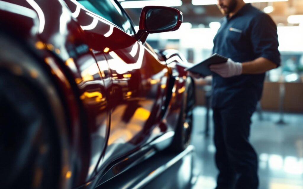 Supercar haut de gamme d’occasion examinée dans un garage premium, éclairage doux, documents et contrôle visuel sur un bureau.