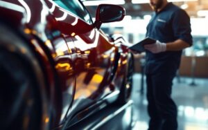 Supercar haut de gamme d’occasion examinée dans un garage premium, éclairage doux, documents et contrôle visuel sur un bureau.