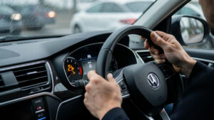 Vue rapprochée du tableau de bord d’une voiture avec le voyant moteur allumé, mains du conducteur sur le volant, ambiance réaliste de diagnostic mécanique.