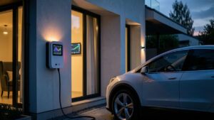 Maison contemporaine au crépuscule avec une voiture électrique en charge et un affichage de suivi de l’énergie visible dans la fenêtre, ambiance quotidienne réaliste.