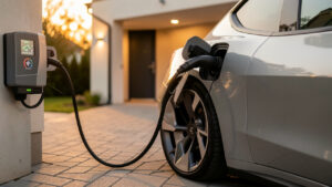 Voiture électrique branchée à une borne de recharge à domicile devant une maison moderne, ambiance du soir douce et mobilité quotidienne durable.
