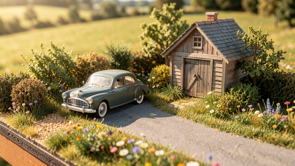 Diorama miniature réaliste montrant une voiture ancienne garée près d’une route de campagne, entourée de végétation et d’un petit garage, sous une lumière naturelle.