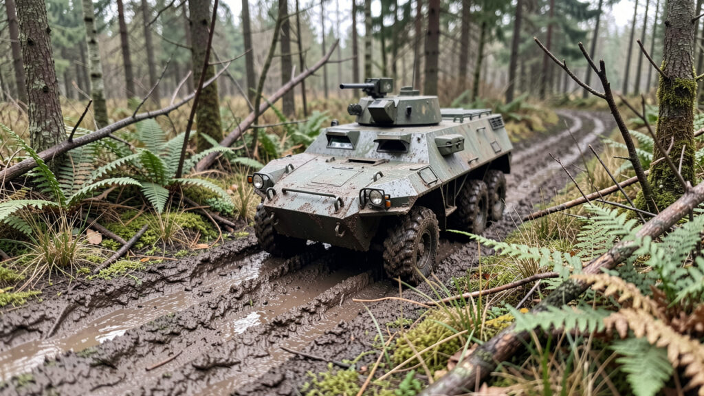 Diorama réaliste représentant un véhicule militaire sur un chemin boueux entouré de végétation détaillée, éclairé par une lumière naturelle douce.