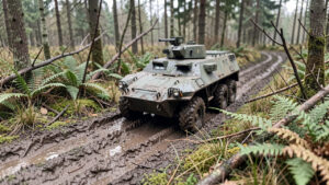 Diorama réaliste représentant un véhicule militaire sur un chemin boueux entouré de végétation détaillée, éclairé par une lumière naturelle douce.