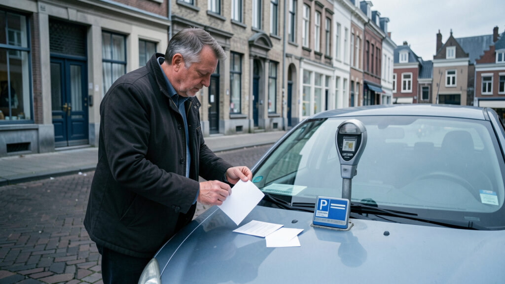 Un automobiliste belge examine deux documents de stationnement posés sur le capot de sa voiture, dans une rue urbaine réaliste.