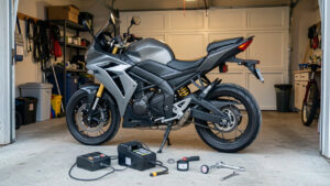 Moto stationnée dans un garage après hivernage, avec la selle ouverte et des outils de contrôle disposés à proximité.
