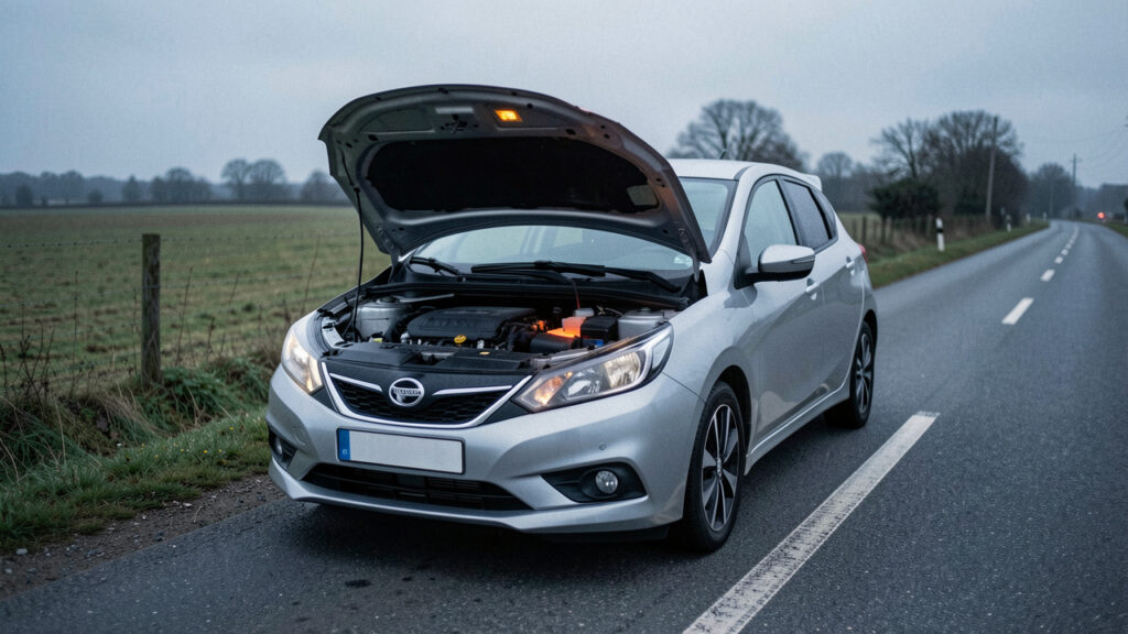 Voiture compacte arrêtée sur le bas-côté d’une route, capot ouvert pour évoquer un défaut moteur.