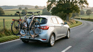 Petite voiture compacte transportant deux vélos électriques sur un porte-vélos arrière sécurisé, sur une route de campagne.