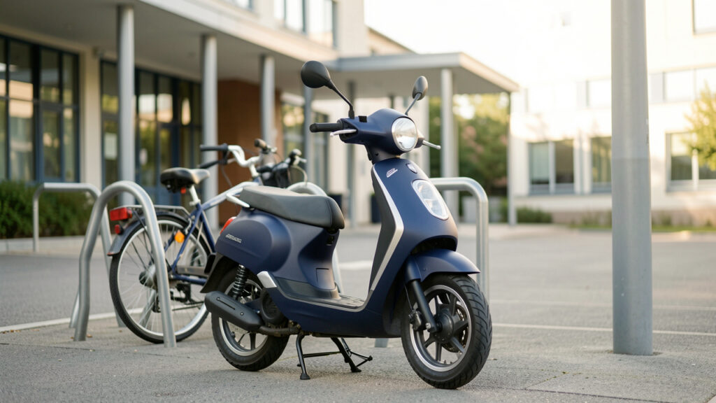 Scooter 50 cm³ bleu marine garé près d'un établissement scolaire moderne, éclairé par une douce lumière matinale.