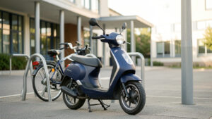 Scooter 50 cm³ bleu marine garé près d'un établissement scolaire moderne, éclairé par une douce lumière matinale.