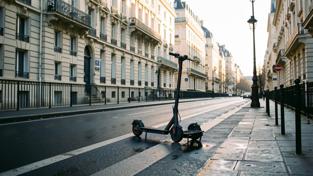 Scooters électriques stationnés près d’une piste cyclable dans une rue parisienne, avec des immeubles historiques en arrière-plan.
