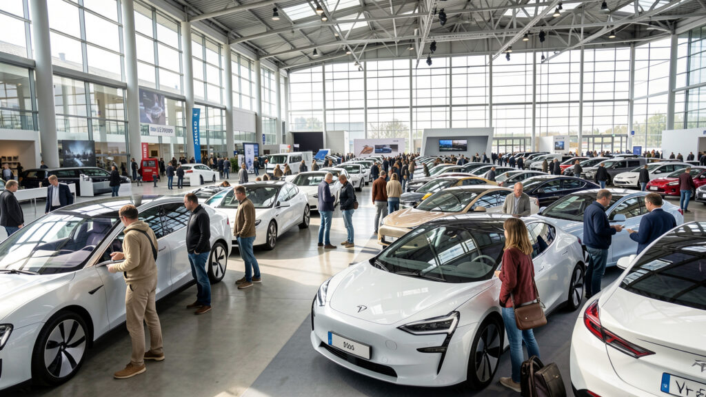 Vue réaliste du Parc Expo Tours lors d’un salon automobile, avec une rangée de voitures électriques modernes et des visiteurs comparant les modèles sous une lumière naturelle.