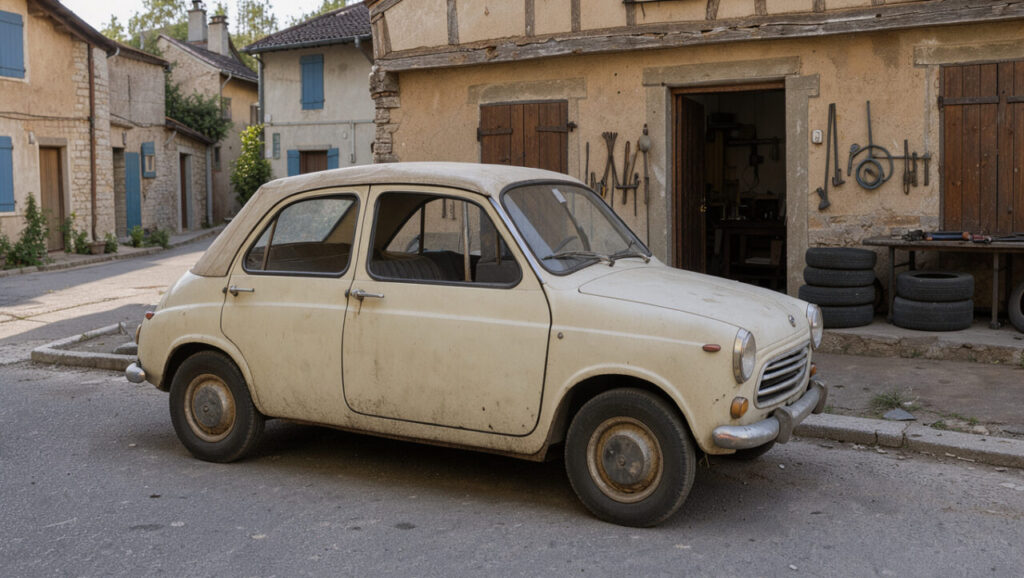Une ancienne voiture française de couleur claire stationnée devant un atelier automobile traditionnel, éclairée par une lumière naturelle.